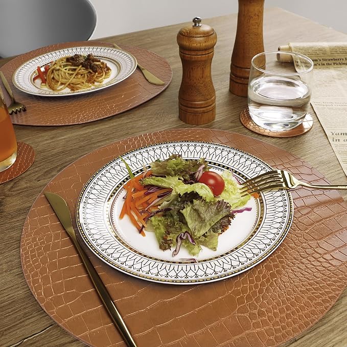 Jovono Round Leather Placemats for Round Tables Set of 4, Brown Place Mats and Coasters, Wipeable Waterproof Heat Resistant Table Mats Easy to Care for Indoor Decor 13 inch Diameter