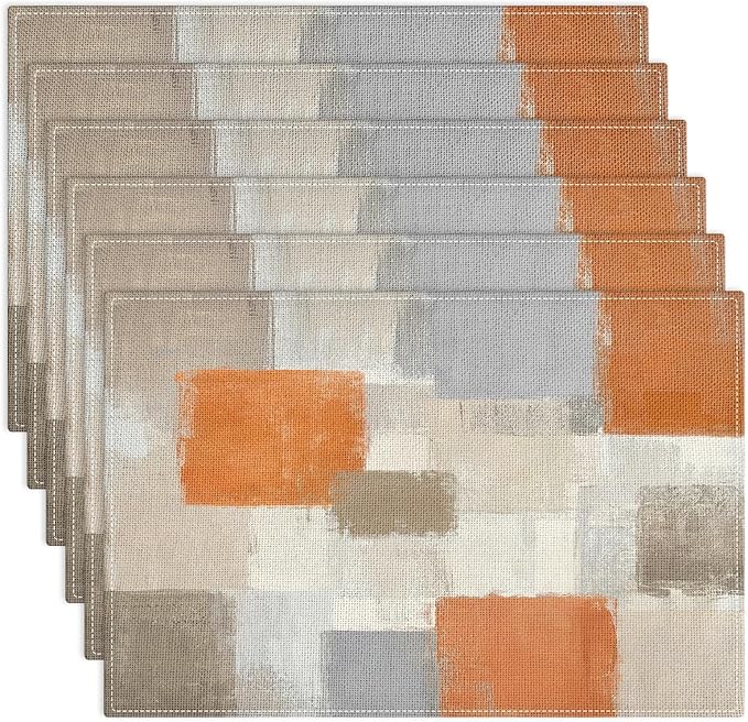 Emvency Farmhouse Placemats Set of 6, Modern Geometric Orange Neutral 12x18 Inch Linen Rectangular Place Abstract BeigeTable Mats for Indoors & Outdoor Home Party Kitchen Dining Decoration