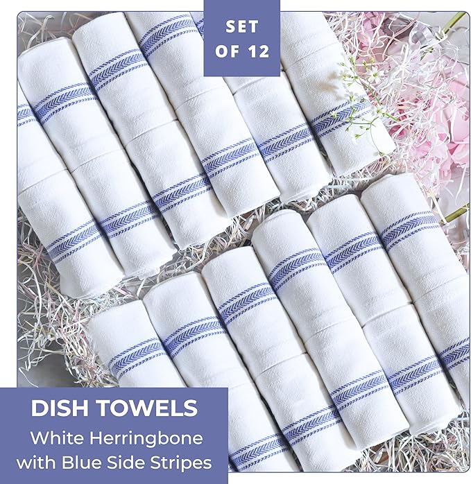 Bulk Kitchen Towels Cotton for Chefs in Commercial Restaurants - 15"X25" - 12 Pack - White Linen Tea Dish Towels - Lint Free Soft Absorbent Side Blue Striped Herringbone Weave Towles