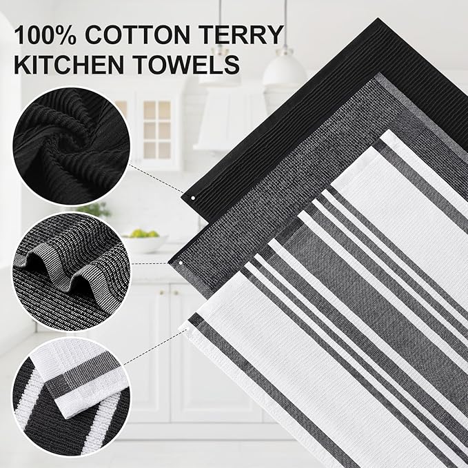 Homaxy Premium Kitchen Towels(18”x 28”, 12 Pack), Large Cotton 380 GSM Kitchen Hand Towels, Soft and Absorbent Terry Dish Towels, Multipurpose Tea Towel Set with Hanging Loop, Black