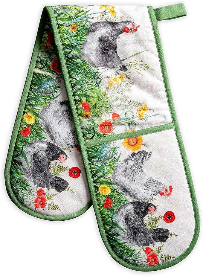 Maison d' Hermine Double Oven Mitts 100% Cotton 7"x35" Double Oven Mitt Heat Resistant BBQ Cooking Gloves with Loop Baking Grilling Gifts for Mothers Day Spring Summer (Basse Cour)