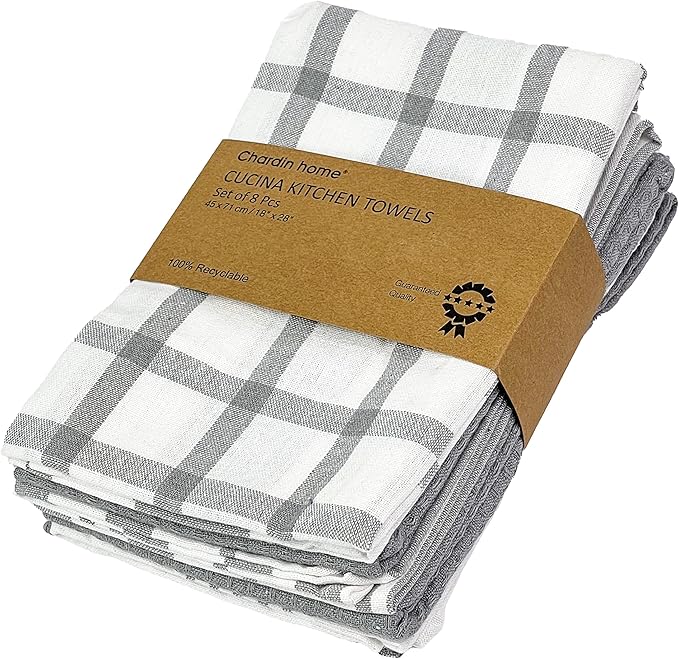 Chardin home Recycled Cotton 18x28 Inch Kitchen/Dish Cloths Set of 8 | 4 Assorted Woven Kitchen Towels & 4 Waffle Towels, Grey | Super Absorbent Reusable Hand and countertop Ultra Soft Tea Towels