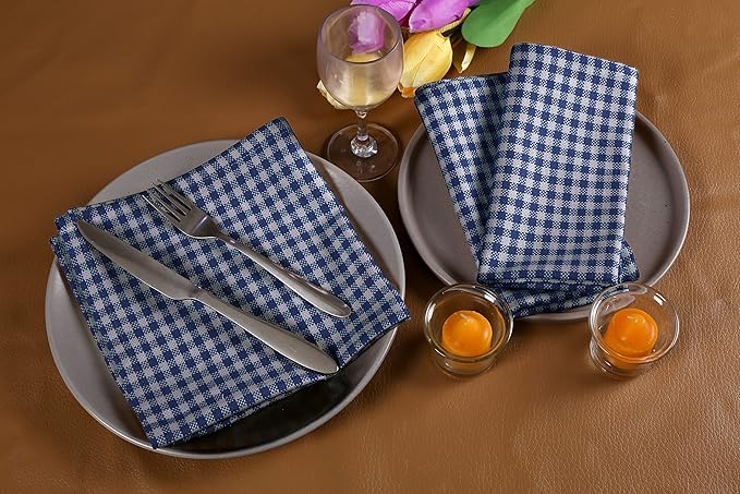Native Fab Gingham Cloth Napkins 16x16 inches, 100% Cotton Dinner Napkins with Checks, Set of 12, Machine Washable Cloth Napkins, Soft Breathable Absorbent, Blue White