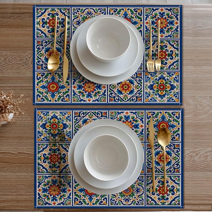 HOMETITUTE Placemats Set of 4 Linen 12x18 Inch Washable Table Mats Mediterranean Style Place Mats Decorative Placemats Set Colorful Farmhouse Kitchen Dining Table Decor
