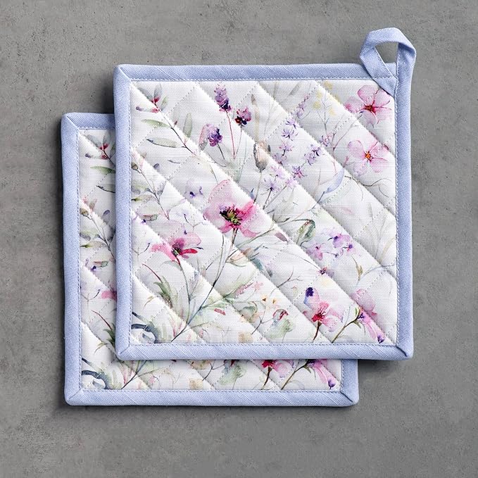 Maison d' Hermine Pot Holders 100% Cotton Heat Resistant Potholders 8" x 8" Hot Pads with Loop BBQ Cooking Baking Gifts for Mothers Day Handling Hot Pans Spring/Summer (Pack of 2, Summer Floral)