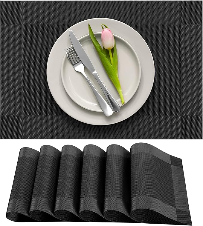 More Décor Dining Table Placemats, Washable Heat-Resistant PVC Vinyl Table Mats for Dining Room and Kitchen, Anti-Slip - Set of 6 -Black