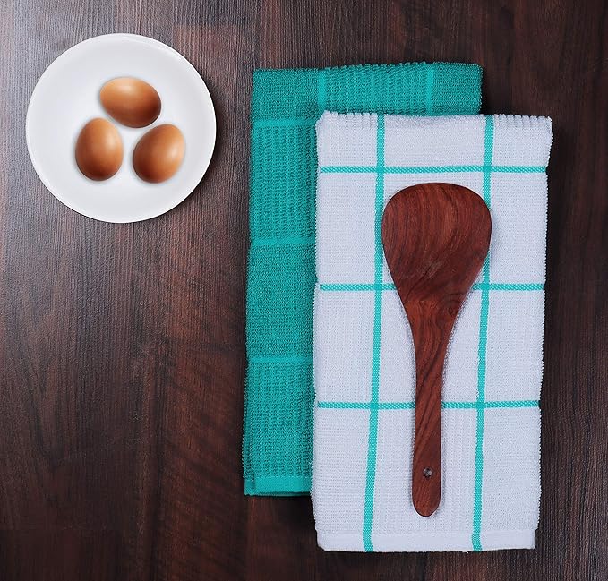 AMOUR INFINI Kitchen Towels Pack of 4, Terry Cotton Dish Towels, Ultra Absorbent, Quick Drying Hand & Tea Towels, Soft Durable Cleaning Cloths with Hanging Loop, 16 x 26 Inch (Teal)