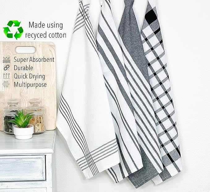 Chardin home Recycled Cotton Assorted Woven Kitchen Towels Set, Black-White | 18x28 Inch Kitchen/Dish Cloths Set of 4 |Super Absorbent Reusable Hand and countertop Towels, Ultra Soft Tea Towels