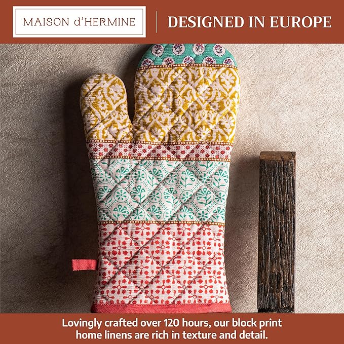 Maison d'Hermine Oven Gloves 100% Cotton Oven Mitt 7" x 13" with Loop Heat Resistant BBQ Cooking Gloves Baking Grilling Gifts for Mothers Day Spring/Summer (Pack of 1, Provence)