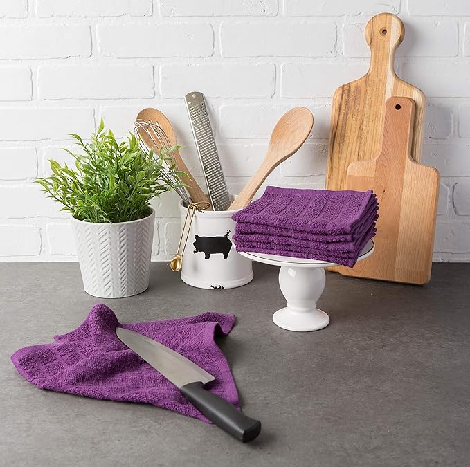 DII Basic Terry Collection Solid Windowpane Dishcloth Set, 12x12, Eggplant, 6 Piece