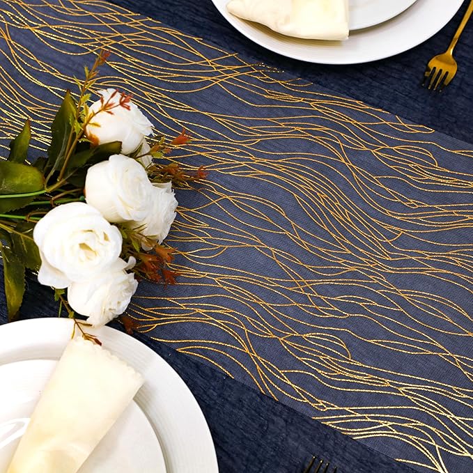 Snowkingdom 2pcs Gold Wave Table Runner, 11×108 Inch Golden Metallic Sparkle Lines Mesh Table Runners, Lightweight Gold Party Decorations for Mothers Day, Wedding, Birthday, Christmas, Party Dinner