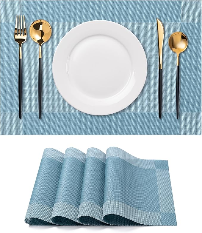 CADONO Placemats Set of 4 Washable Indoor/Outdoor Vinyl Place Mats for Dining Table Durable Non-Slip Heat Resistant PVC Weave Table Mats（Four-Corner-Blue）
