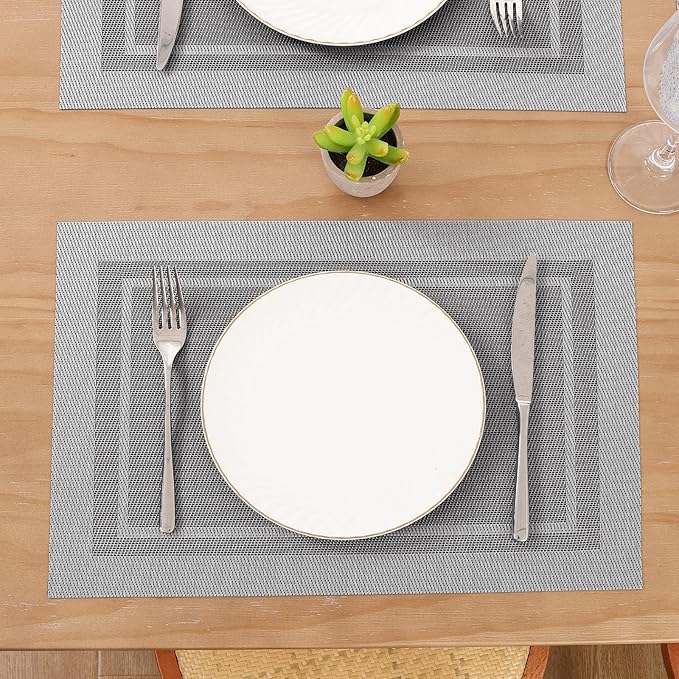SHACOS Woven Vinyl Placemats Set of 4 Wipe Clean Place Mats for Dining Table Heat Resistant PVC Weave Table Mats Indoor Outdoor (4, Frame Grey)