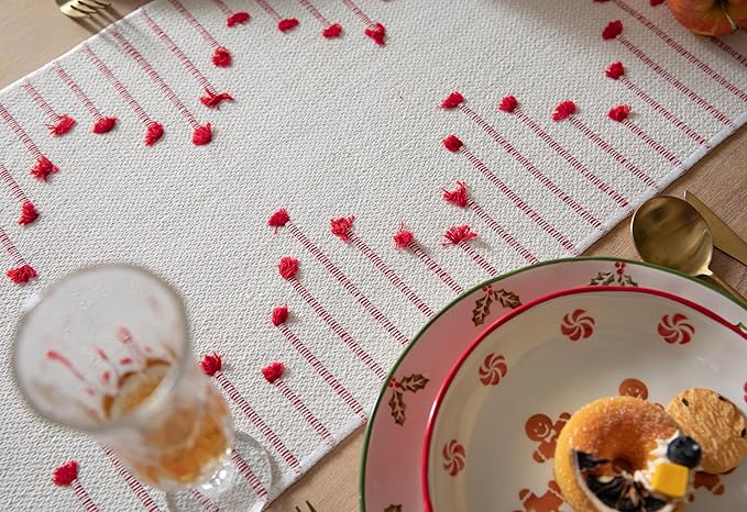 Christmas Table Runner 13 x 90 Inch Long Natural Cotton Woven Runner with Tassels for Home Dining Christmas Decorations, for Modern Farmhouse Holiday Boho Table Runner, Red and Beige