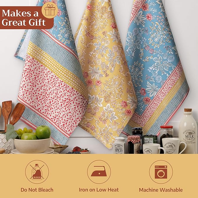 Maison d' Hermine Kitchen Towels Set of 3 100% Cotton 27.50" x 20" Reusable Cloth Tea Dish Towels Absorbent with Hanging Loop for Kitchen Gifts for Mothers Day Spring/Summer (Marquise)
