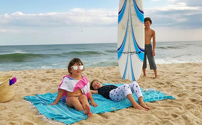Bersuse Towels Anatolia XL Beach Blanket Throw Blanket Turkish Towel 100% Cotton Extra-Large Quick-Dry Lightweight Premium Peshtemal Towel - 61x82 Inches, Aqua (Set of 6)