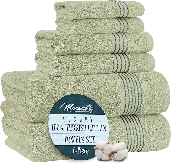 Mocassi Luxury 100% Turkish Cotton 6-Piece Towel Set - Ultra Soft, Quick Dry Highly Absorbent Premium Spa Hotel Quality Bath Towels, Includes 2 Bath Towels, 2 Hand Towels and 2 Washcloths, Mint Green