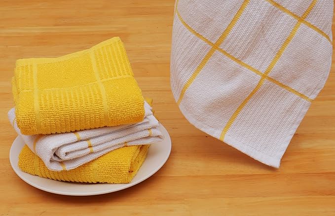 AMOUR INFINI Kitchen Towels Pack of 4, Terry Cotton Dish Towels, Ultra Absorbent, Quick Drying Hand & Tea Towels, Soft Durable Cleaning Cloths with Hanging Loop, 16 x 26 Inch (Yellow)