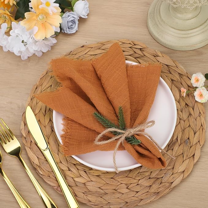 TURSTIN 12 Pieces Cotton Linen Cloth Napkin Handmade Cloth Napkin with Fringe 17 x 17 Inch Soft Dinner Wedding Napkins Square Rustic Fringe Table Napkins for Dinners, Parties, Weddings, Terracotta