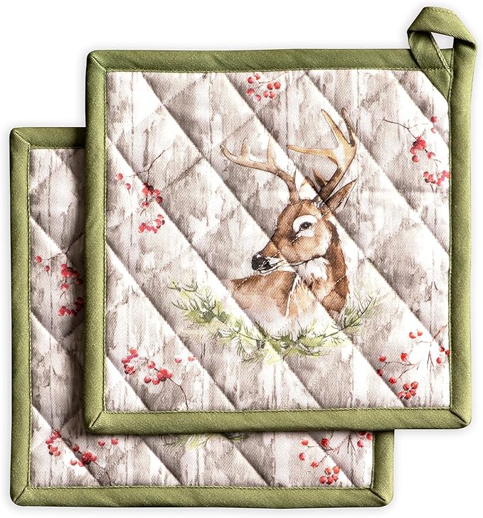 Maison d' Hermine Pot Holders Set 100% Cotton Heat Resistant Potholders 8" x 8" Hot Pads with Loop for Thanksgiving Christmas Decorations BBQ Baking Handling Hot Pans (Pack of 2, Mountain Life)