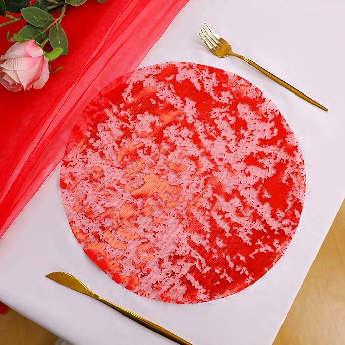 Snowkingdom 24 Pcs Red Placemats, 13 Inch Round Disposable Table Mats with Metallic Foil Mesh Glitter Design, Elegant Party Supplies for Valentine’s Day, Christmas, Wedding, Birthday Dinner Decor