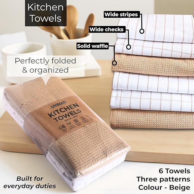 Cotton Dish Towels For Kitchen Drying - Highly Absorbent Wide Beige Striped Plaid Tea Towels - 18"X28" Set Of 6 Farmhouse Linen Dishtowels In Bulk - Pano De Prato Para Cozinha - T Towles Towls