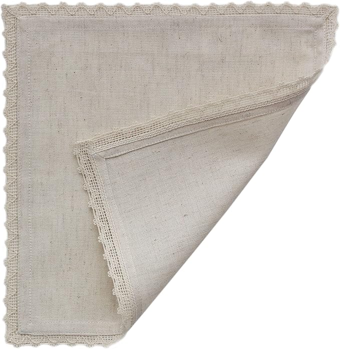 COTTON CRAFT Cocktail Napkins - Set of 12 Flax Linen Cloth Napkins with Lace - Happy Hour Drink Beverage Bar Holiday Party Dessert Gift - Lunch Brunch Dinner Washable Reusable Napkin - 10x10 - Natural