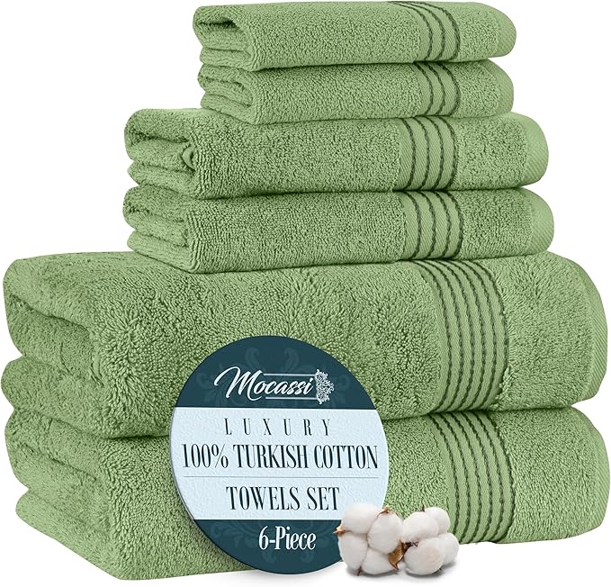 Mocassi Luxury 100% Turkish Cotton 6-Piece Towel Set - Ultra Soft, Quick Dry Highly Absorbent Premium Spa Hotel Quality Bath Towels, Includes 2 Bath Towels, 2 Hand Towels and 2 Washcloths, Sage