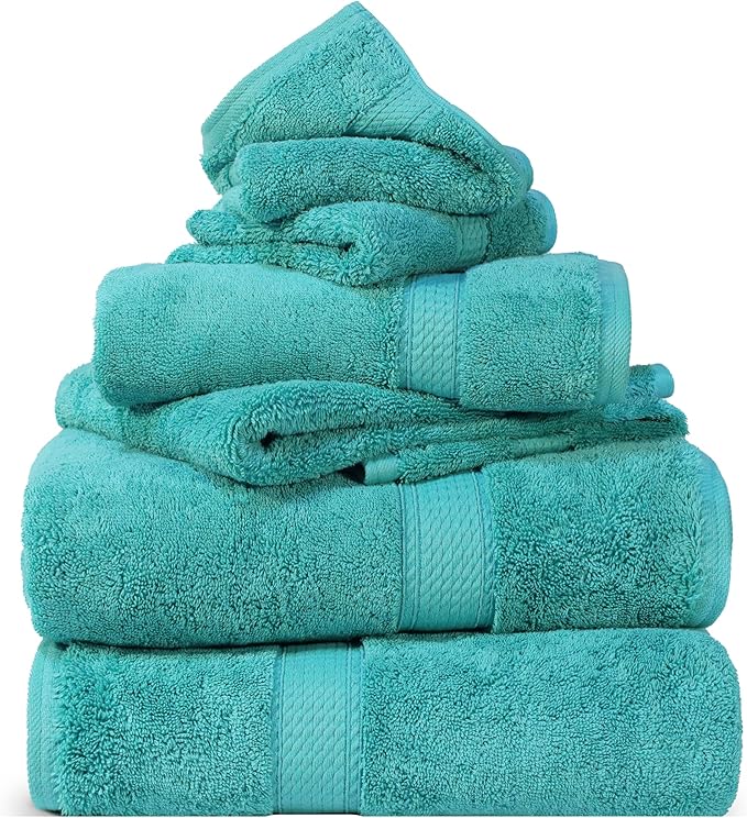 SUPERIOR Egyptian Cotton Pile 6 Piece Towel Set, Includes 2 Bath, 2 Hand, 2 Face Towels/Washcloths, Ultra Soft Luxury Towels, Thick Plush Essentials, Guest Bath, Spa, Hotel Bathroom, Turquoise