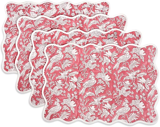 CPC Cotton Placemats Pink Coral Set of 4-Hand Block Printed Reversible Placemats, Flower Scalloped & Embroidered Cloth Table Mats - 14 x 20 inch Gift for Spring, Mother's Day