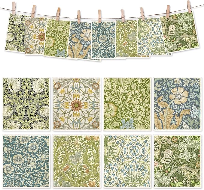 8 Packs Vintage Floral Swedish Dishcloths Blue Green Flower Kitchen Dish Towel Reusable Washable Cotton Kitchen Towels for Home Party Cleaning Housewarming, 7 x 8 Inch