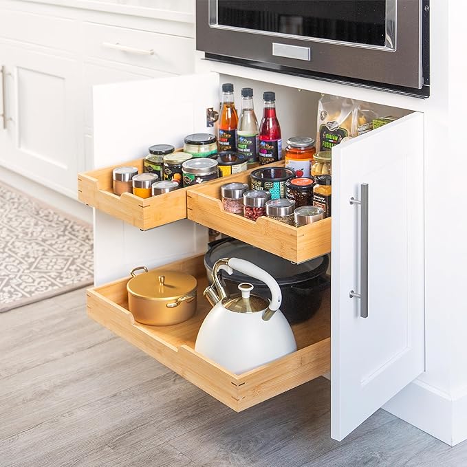 HOLDN’ STORAGE Bamboo Wooden Pull out Cabinet Organizer 11"W x 21"D Requires At Least a 12.25"W x 21"D Cabinet Opening W/Lifetime Limited Warranty, Bamboo Tray and Heavy Gauge Metal Rails