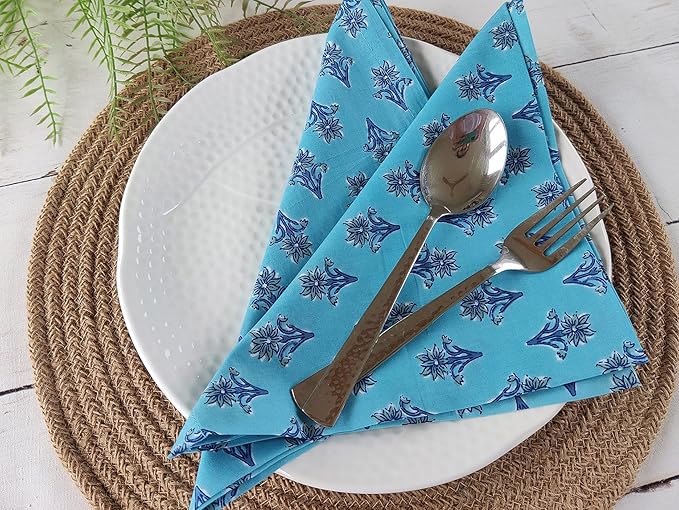 Soft Cotton Napkins 18x18 inches - Washable Thin Cloth Dinner Set of 6 Everyday Use or Party and Events Blue Floral Lightweight Indian Block Print Fabric by Craftbot Turquoise