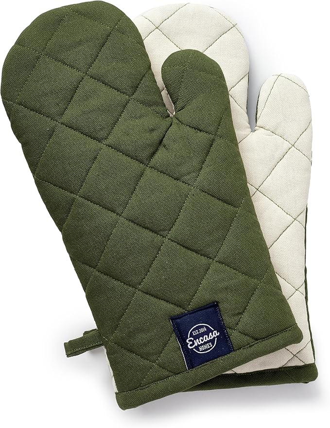 Encasa XO Heat Resistant Cotton Oven Gloves Mitts (2 Pc Set) - Quilted & Safe 12x6.6 in - for Kitchen, Cooking & Baking, Grilling, Handling Hot Pots & Pans - Leaf Green