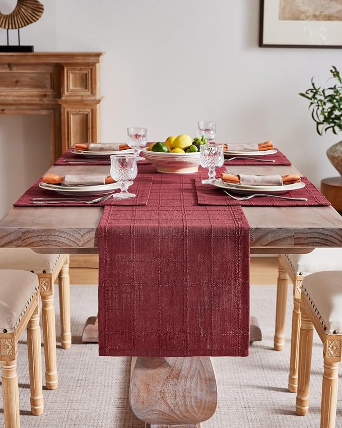 ZeeMart Linen Checked Placemats Set of 6, Plaid Embroidery Textured Table Mats, Double Layer Thick Farmhouse Rustic Place Mats for Kitchen Dining Table Home Decor, Burgundy 13x19 Inch