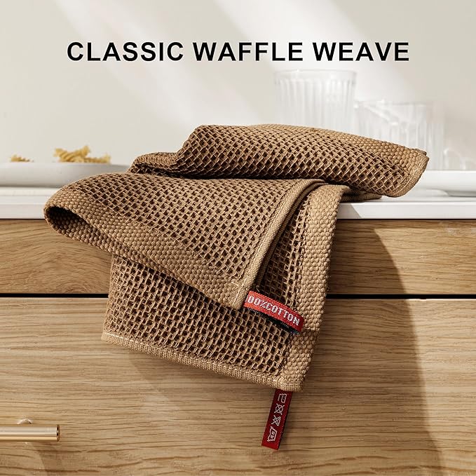 joybest Cotton Kitchen Dish Cloths, 8-Pack Waffle Weave Ultra Soft Absorbent Dish Towels Washcloths Quick Drying Dish Rags, 12x12 Inches, Beige and Brown