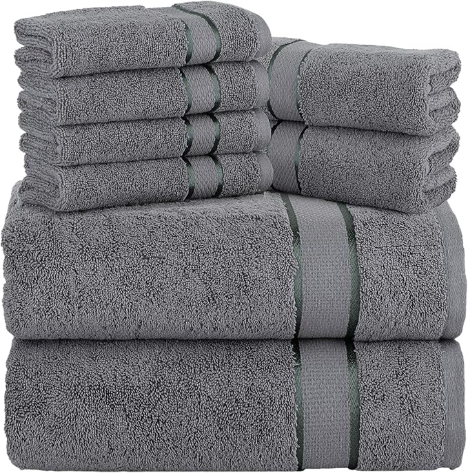 Elegant Comfort Premium Cotton 8-Piece Towel Set, Includes 4 Washcloths, 2 Hand Towels and 2 Bath Towels, 100% Turkish Cotton - Highly Absorbent and Super Soft Towels for Bathroom, Grey