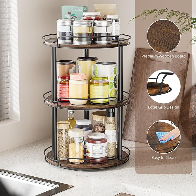LAMU 12.2'' Wood Lazy Susan Turntable Organizer for Cabinet, 3 Tier Lazy Susan Spice Rack Organizer for Kitchen, Table Top, Countertop, Pantry, Bathroom