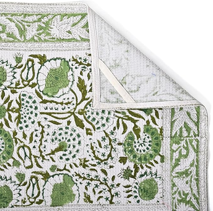 CPC Agate Green Hand Block Print Waffle Kitchen Towel Set of 3-16 x 28 Inch Ultra Absorbent Quick Dry Cotton Dish Towels Lightweight Reusable Sustainable Tea Towels for Cleaning and Drying