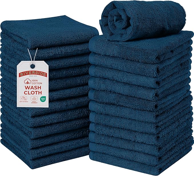 RIVERSIDE Pack of 24 Wash Cloths for Showering, 12 x 12 Inches, Super Soft & Absorbent, 100% Cotton Washcloths Premium Quality Flannel Face Cloths for Bathroom, Gym, Spa (Navy Blue, 24 Pack)