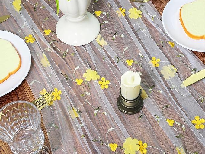 YATOJUZI Floral Table Runner Rustic Stereoscopic Embroidery Summer Decorations Seasonal Tulle Dining Table Runners for Home Kitchen Decor Wedding Shower Party
