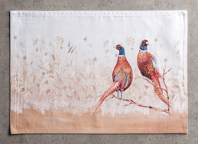 Maison d' Hermine Placemats Set of 4 100% Cotton Washable Cloth Place Mats, Reusable Table Mats for Thanksgiving Christmas Decorations Kitchen Dining Party Wedding (Faisan D'Automne, 13" x 19")