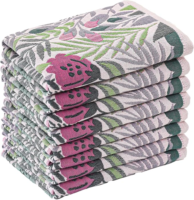 Kitchen Towels Set of 8 100% Cotton Hand Towels Dish Towels with Hanging Loop Absorbent Reusable for Cleaning Cute Design Home Decorative, Vintage Flower- 16x15 Inch