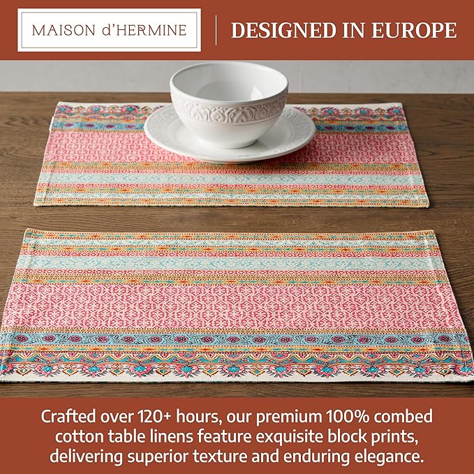Maison d' Hermine Placemat 100% Combed Cotton Premium Cloth Placemats 13"x19" Decorative Washable Place Mats for Home, Kitchen, Dining, Cocktail Parties & Camping - Lauris (Set of 4)