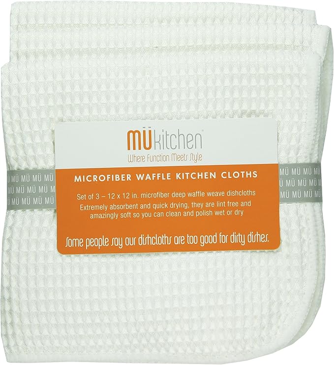 MÜkitchen Waffle Microfiber Dish Cloth | Durable & Super Absorbent for Cleaning & Drying | Set of 3 | White