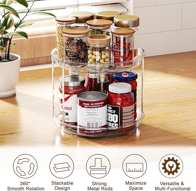 2 Pack 2 Tier Lazy Susan Turntable Organizer 9.25 inch, Rotating Spice Rack Organization for Cabinet, Bathroom, Pantry, Countertop, Kitchen, Vanity, Medicine Cabinet Organizer, Clear