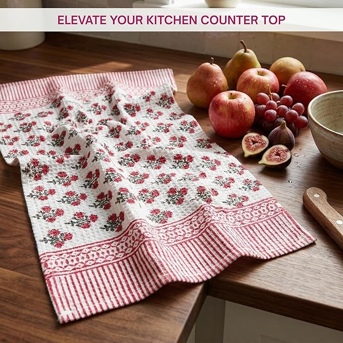 ATOSII 100% Cotton Hand Block Print Waffle Kitchen Towel, Set of 3, 18 x 26 Inches Ultra Absorbent Quick Dry Dish Towels, Reusable Sustainable Tea Towels for Cleaning and Drying, Gulbahar Pink