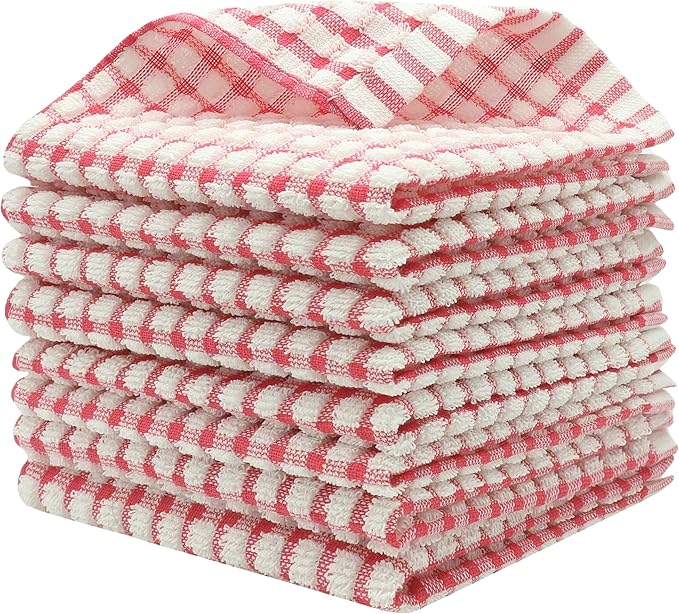 Cotton Cleaning Rags Terry Dish Cloths for Washing Dishes, Set of 8 Dish Rags for Cleaning, Light and Soft Dish Towels for Kitchen Drying Dishes, 11.8 Inch x 11.8 Inch (Red)