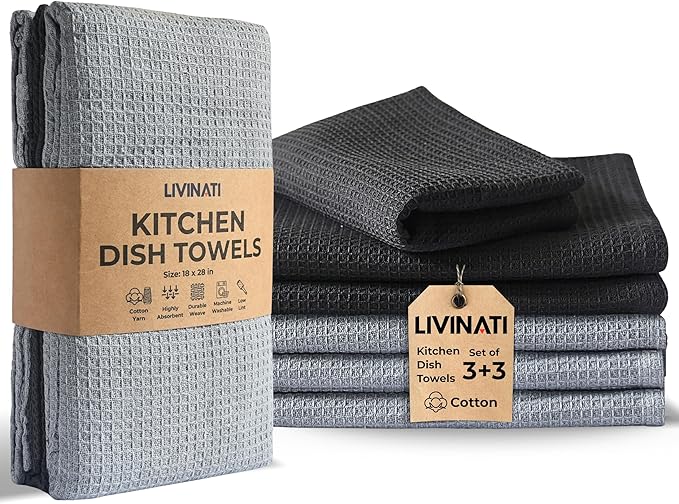 Highly Absorbent Cotton Dish Towels for Drying - Set of 3+3 - Light Gray + Dark Gray Kitchen Towels - 18"X28" Lint Free Waffle Weave Cloth Linen Hand Bathroom Bulk Dishtowels