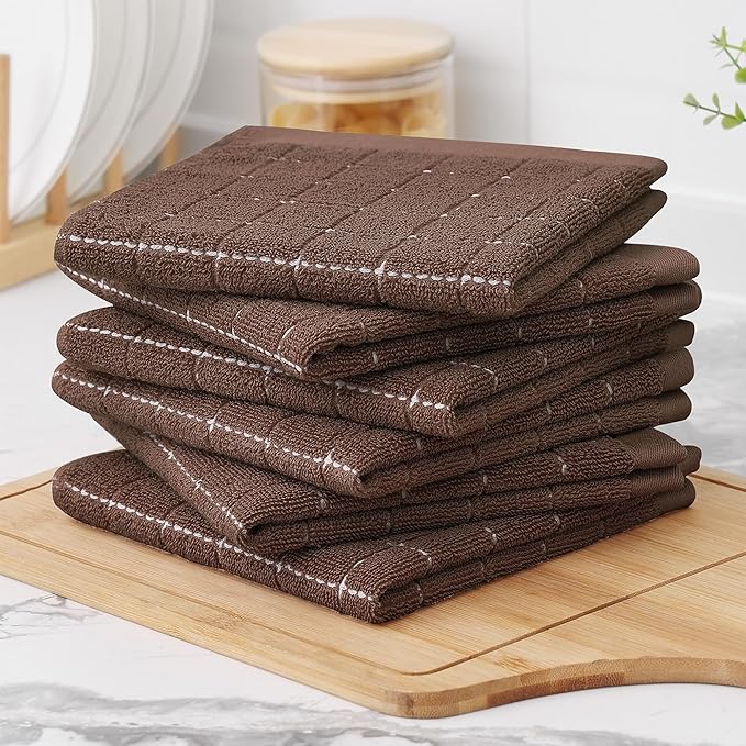 Homaxy 100% Cotton Terry Kitchen Dish Cloths, Ultra Soft and Absorbent Dish Towels for Kitchen, Suitable for Drying and Washing Dishes, 6 Pack, 12 x 12 Inches, Brown